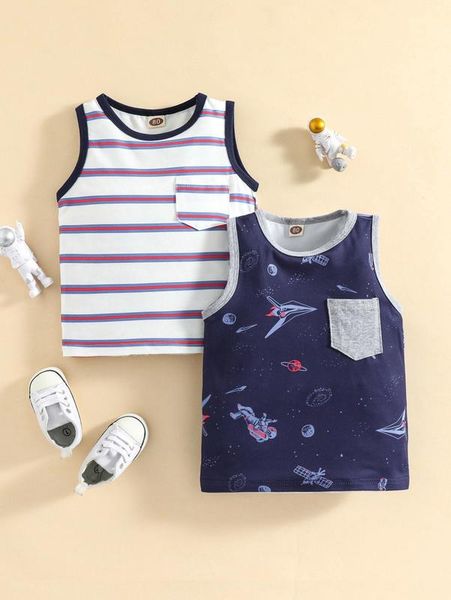 

baby 2pcs striped & astronaut print contrast binding tank she, Blue