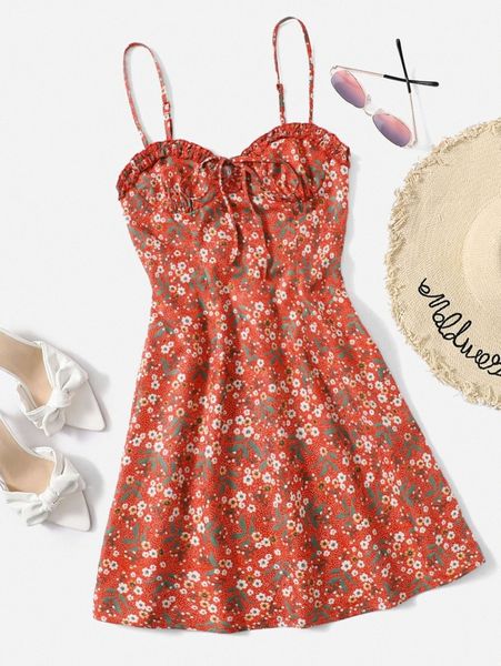 

ditsy floral frilled tie front shirred back cami dress q33i#, Black;gray