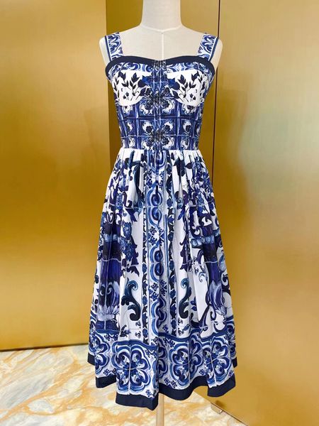 

2023 european luxury dress new blue and white porcelain series 100% cotton positioning large swing sling skirt, Black;gray