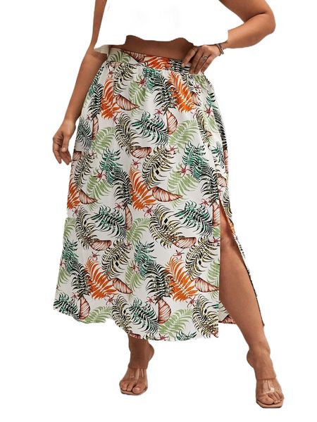 

plus tropical print split hem skirt 26gg#, Black