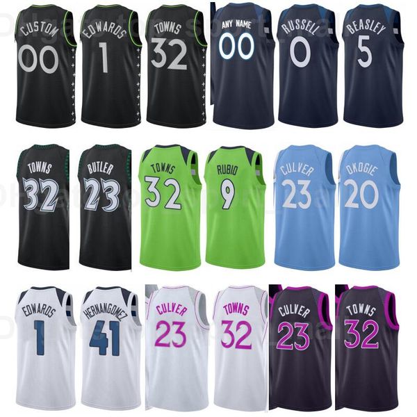 

printed basketball karl towns jersey 32 edwards 1 malik beasley 5 d angelo russell 0 jarrett culver 23 sport team color navy blue white, Black;red