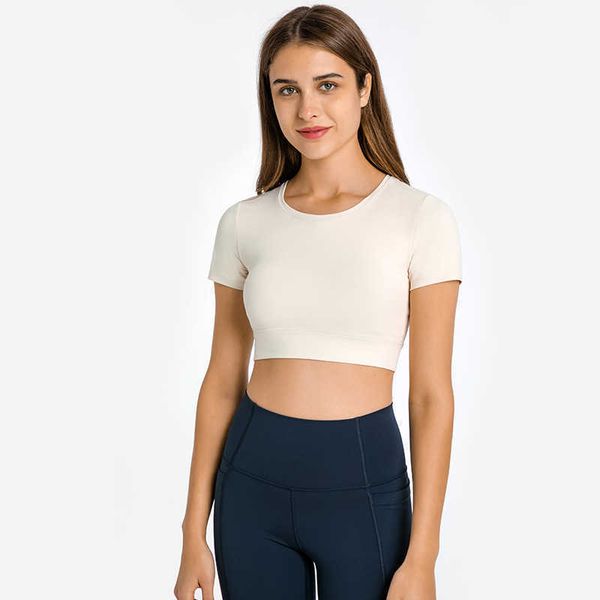 

slim round neck sports woment-shirt versatile built-in bra yoga short sleeve fitness gym shirt blouse suit, White;red