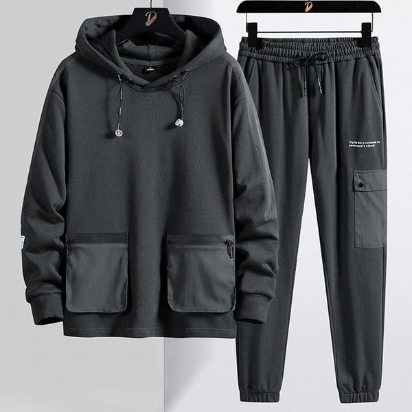 

men's tracksuits spring autumn adjustable hooded tracksuit men plus size streetwear big pockets hoodie sweat suits male black grey 2 pi, Gray