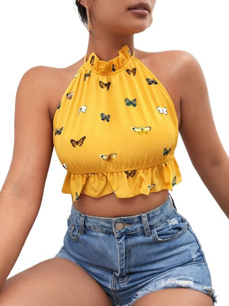 

butterfly print ruffle hem tie backless halter m8ik#, White