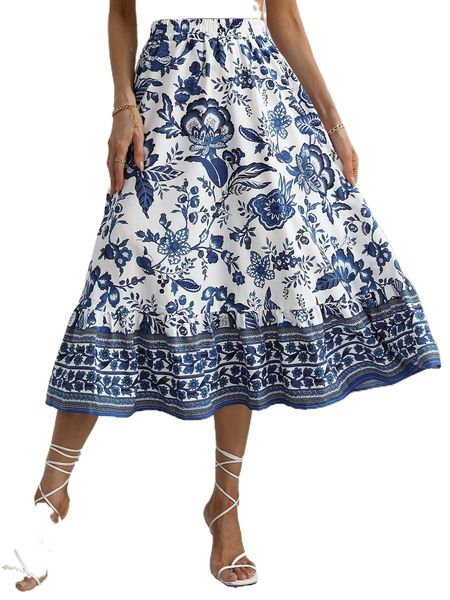 

floral print elastic waist skirt 76ao#, Black