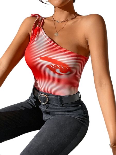 

petite striped eye print tie one shoulder e9ep#, White