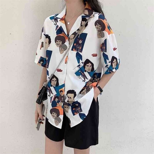 

cartoon printing women blouses shirts harajuku summer short sleeve shirts female streetwear 210702, White