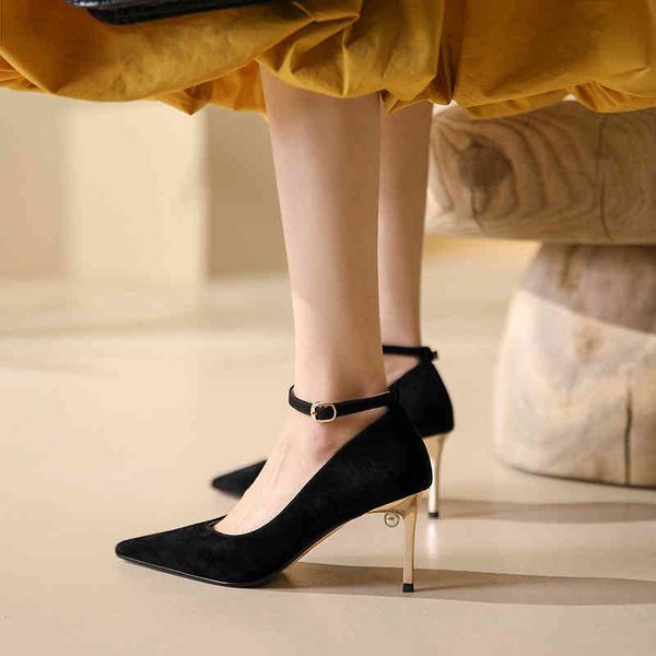 

sandals autumn pearl heel feminine high s korean version full leather thin shallow mouth pointed women's single shoes 9b25, Black