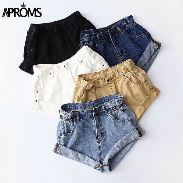 

aproms casual blue denim short high waist buttons pockets slim fit shorts summer beach streetwear jeans shorts y200403, White;black