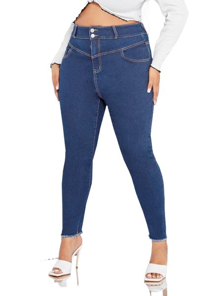 

plus button raw hem skinny jeans d01o#, Blue