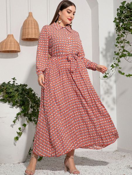 

plus geo print belted shirt dress l0bp#, Black