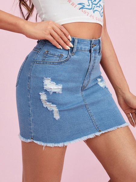 

petite raw hem ripped detail denim skirt 29jo#, Black