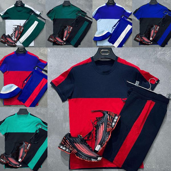 

mens tracksuits t-shirts and short 20222 fashion color matching summer 2-piece sets sports set men beach lapel shirts shorts suit mens casua, Gray