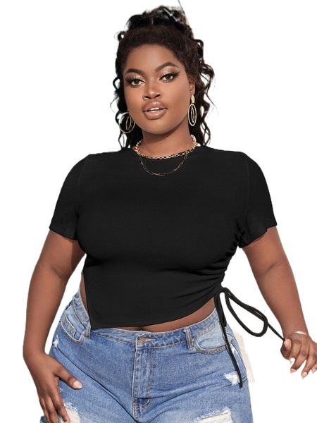 

sxy plus drawstring side asymmetrical hem tee 98su#, Black