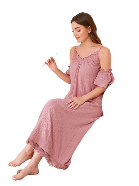 

cold shoulder frilled contrast lace fringe hem nightdress w74c#, Black;red