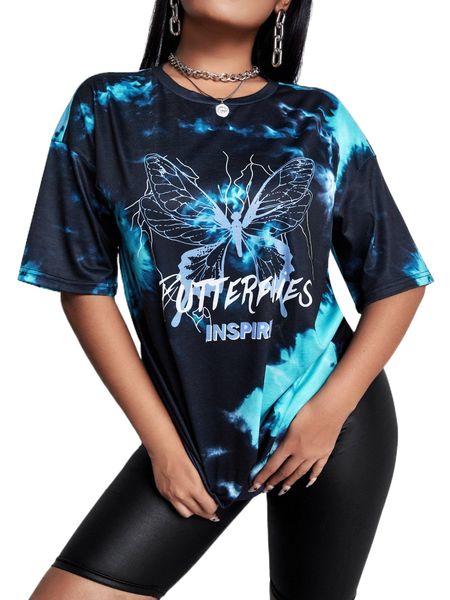 

sxy tie dye butterfly and letter graphic drop shoulder tee k8me#, White
