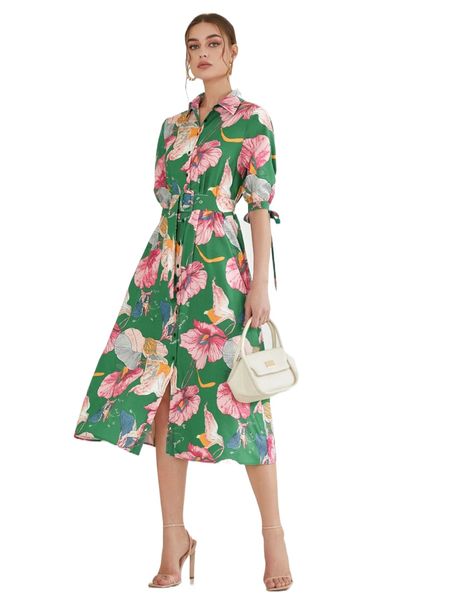 

floral print tie cuff bishop sleeve belted shirt dress v3on#, Black;gray