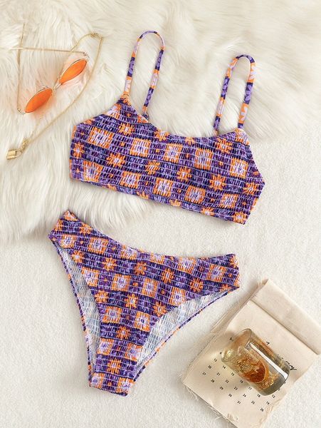 

plaid floral print smocked bikini swimsuit c6x1#, White;black