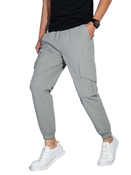 

men flap pocket side drawstring waist cargo pants k0u2#, Black