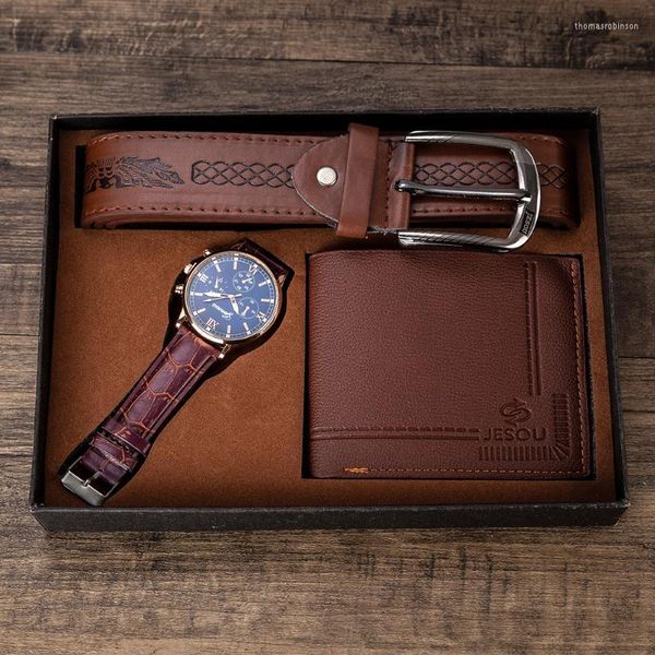 Presente masculino Conjunto de relógio lindamente embalado Cinturão de carteira 3pcs Combinação criativa quartzo-watch relógio Masculino Wristwatches