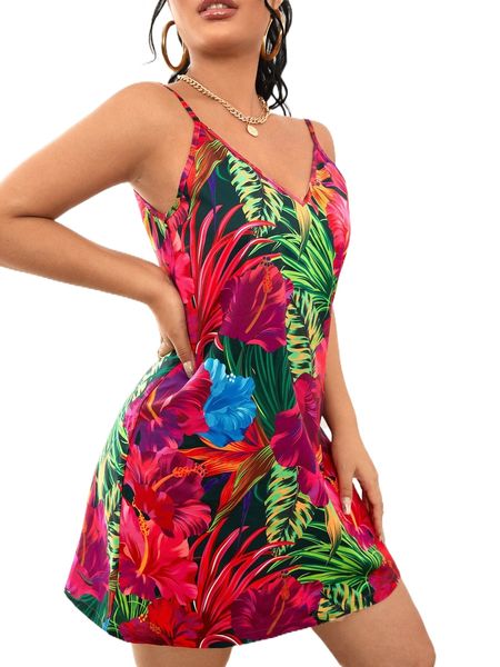 

tropical print v-neck cami dress j0i6#, Black;gray