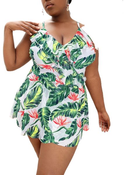 

plus tropical print ruffle trim peplum one piece swimsuit r940#, White;black