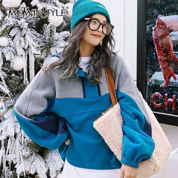 

patchwork hit color sweatshirt for women hooded collar long sleeve casual sweatshirts female fashion clothing 210423, Black