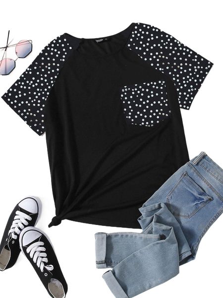 

plus polka dot pocket front raglan sleeve tee t9rg#, Black
