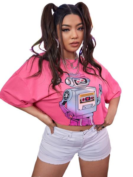 

plus drop shoulder robot print crop tee n5oy#, Black