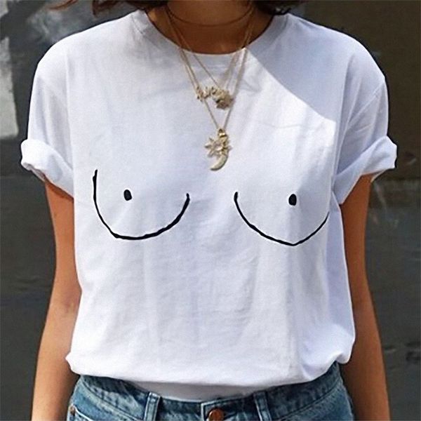 Harajuku Camiseta engraçada para mulheres Peitos de manga curta peitos peitos imprimem camiseta casual verão tops soltos roupas de mulher 220628