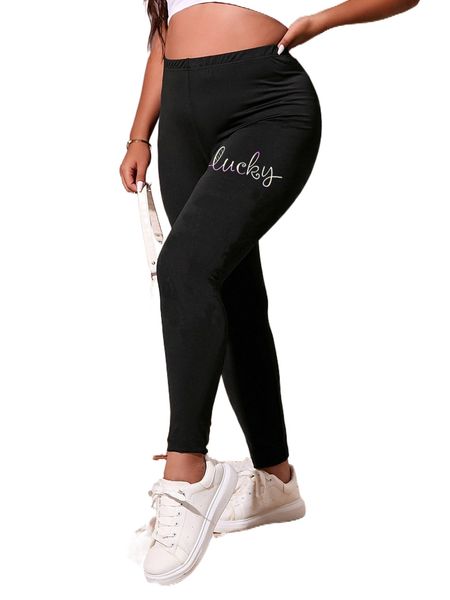 

plus letter graphic high waist leggings k8i9#, Black
