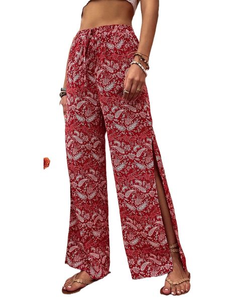 

paisley split thigh knot pants i4x7#, Black;white