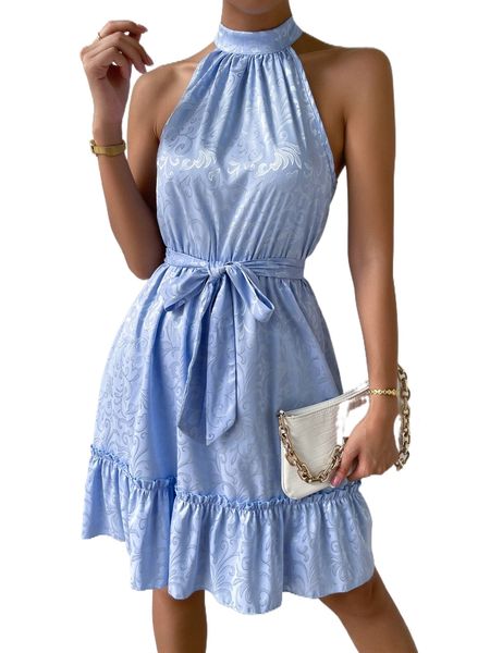 

scroll jacquard tie back frill trim satin halter dress m6vo#, Black;gray