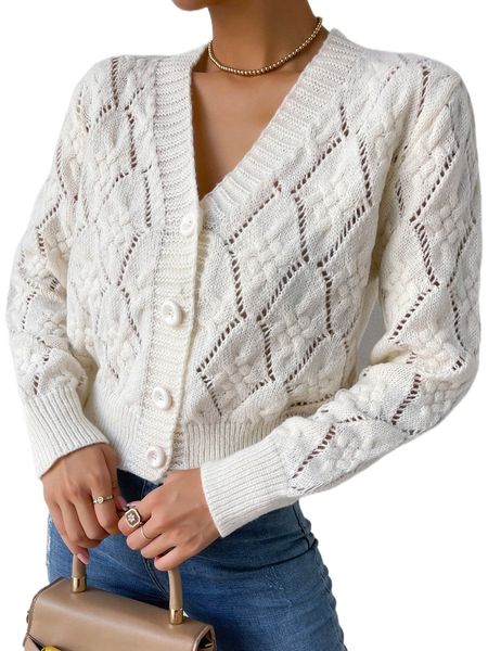 

button front pointelle knit cardigan y0cs#, White;black