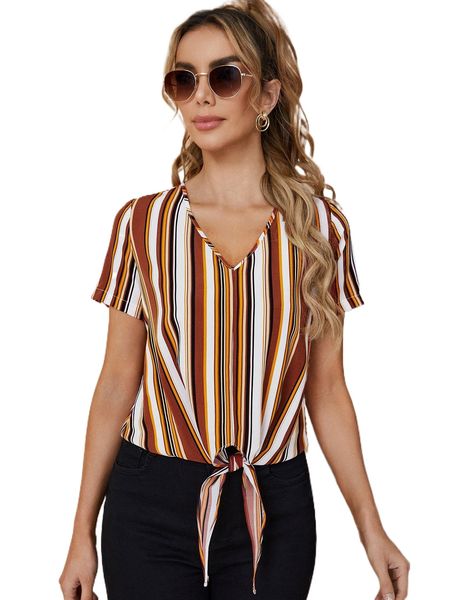 

striped v neck knot front blouse 11t6#, White