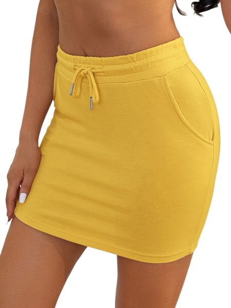 

sxy drawstring waist slant pocket solid skirt k0np#, Black