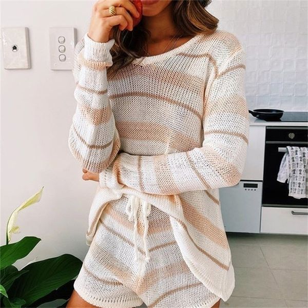 

autumn knitted stripe womens tracksuit sets long sleeve vneck female suit drawstring shorts ladies 2 pieces set y201128, White