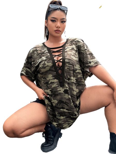 

plus camo print crisscross cut out drop shoulder tee y3hj#, Black