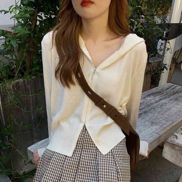

women's polos spring and summer european fashion double zipper hooded knitted cardigan casual versatile ice silk sunscreen jacket women, White