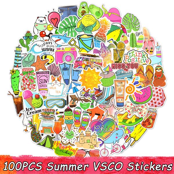 100 adesivi Vsco estivi per laptop, frigorifero, telefono, skateboard, valigia, auto, bici, cool, all'aperto, vacanza al mare, stile, decalcomania, giocattolo per bambini