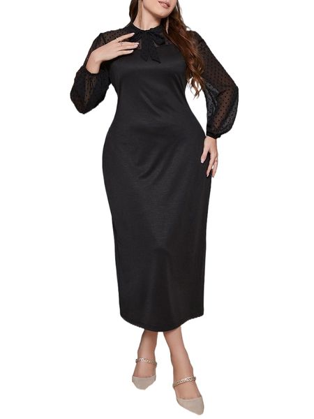

plus swiss dot tie neck dress g2vk#, Black