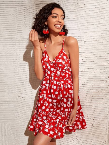 

allover floral print ruffle hem cami dress 47vs#, Black;gray