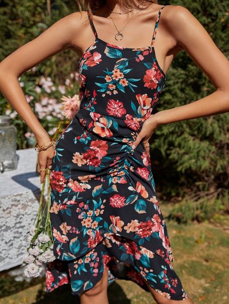 

floral print ruched layered hem cami dress e2mp#, Black;gray