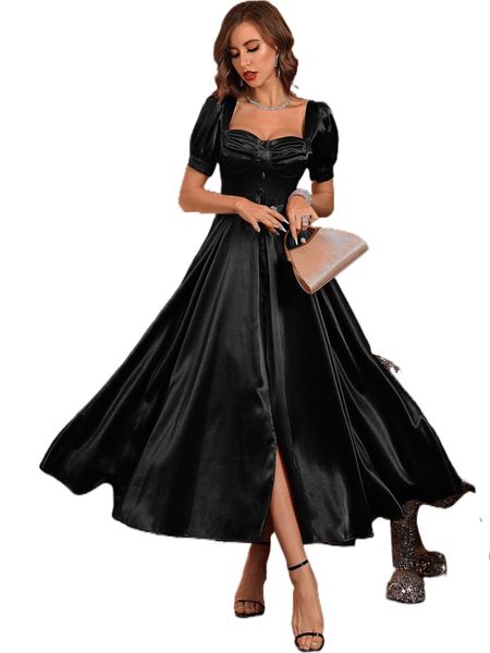 

puff sleeve ruched bust fake button split hem satin dress u4lk#, Black;gray