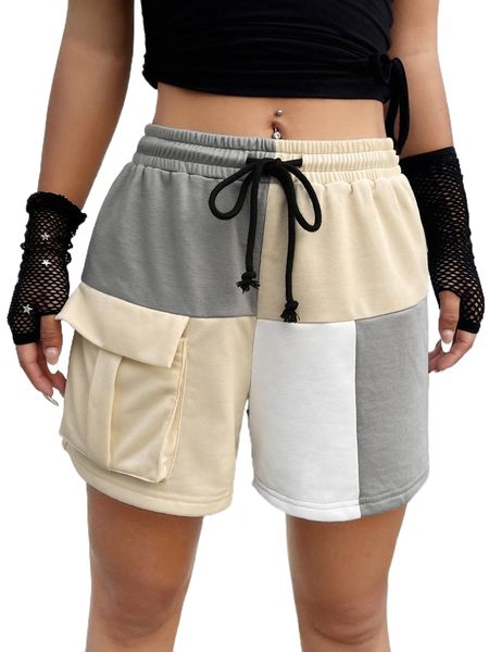 

colorblock drawstring waist flap pocket shorts q6dx#, White;black