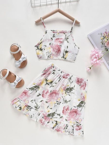 

girls floral print cami & ruffle hem skirt she, White