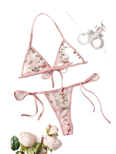 

butterfly embroidery mesh lingerie set d3mu#, Black;red