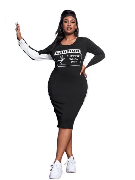 

sxy plus letter & figure graphic side stripe dress d1er#, Black