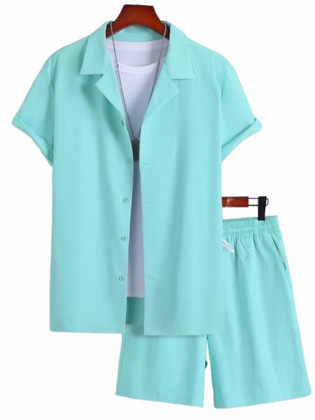 

men solid lapel collar shirt & shorts without tee 223f#, Gray