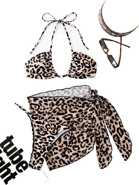 

leopard halter bikini swimsuit with cover up s1aa#, White;black